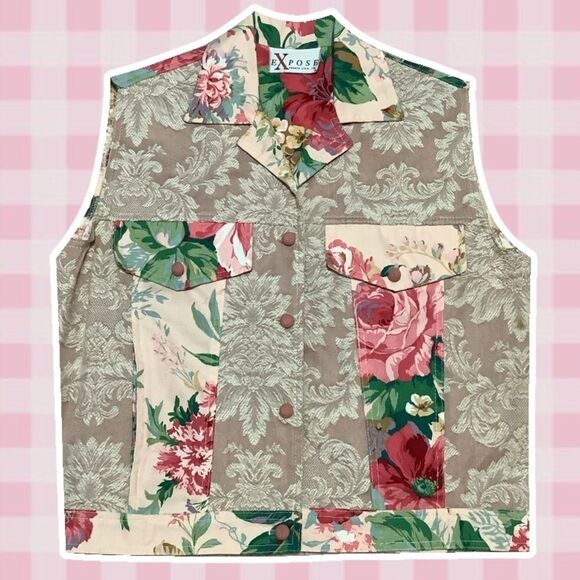 Expose Vintage 90s Grandmacore Granny Pink Floral Patchwork Vest Size Medium - Picture 1 of 13